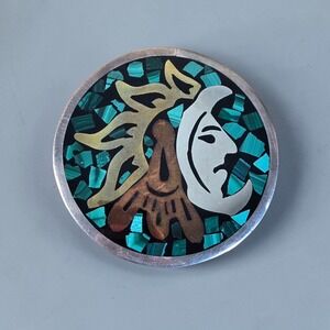 Metales Mexico Sterling Aztec Warrior Brooch Malachite Inlay Pendant 1.5" Vtg